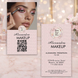 Cartão De Visita Blush Pink Script Logo QR Code Photo Makeup