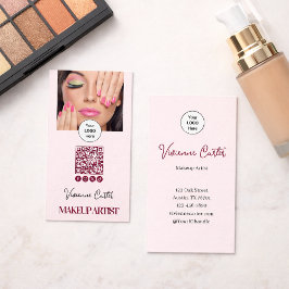 Cartão De Visita Blush Pink Script Logo QR Code Photo Makeup