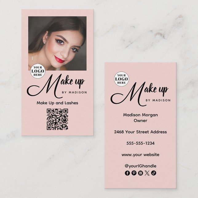 Cartão De Visita Blush Pink Script Logo QR Code Photo Makeup (Criador carregado)
