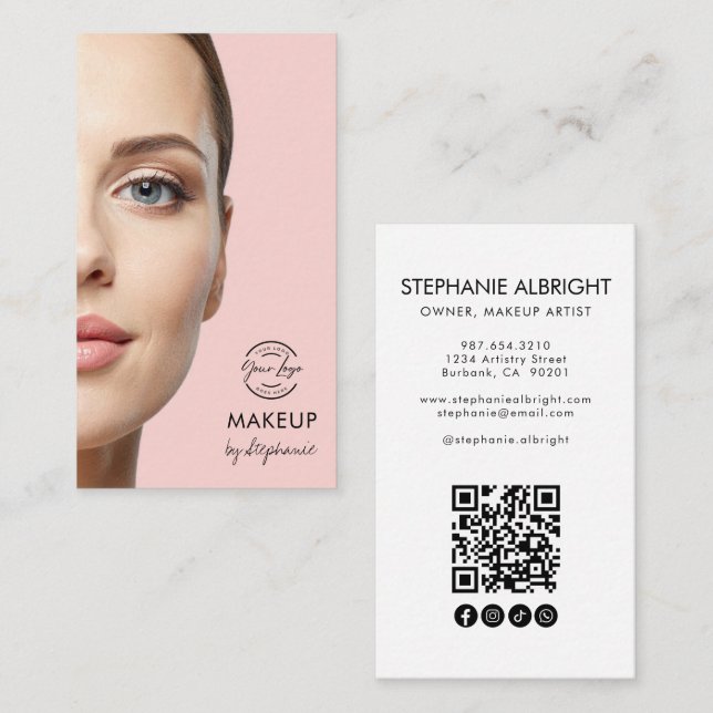 Cartão De Visita Blush Pink Script Logo QR Code Photo Makeup (Frente/Verso)