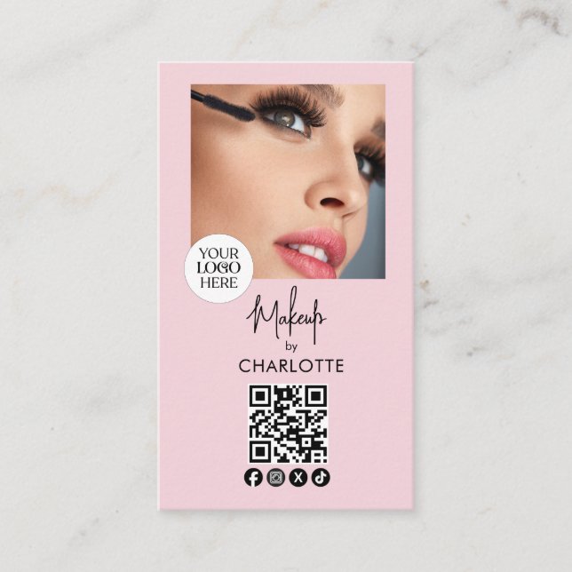 Cartão De Visita Blush Pink Script Logo QR Code Photo Makeup (Frente)