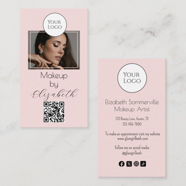 Cartão De Visita Blush Pink Script Logo QR Code Photo Makeup (Frente/Verso)