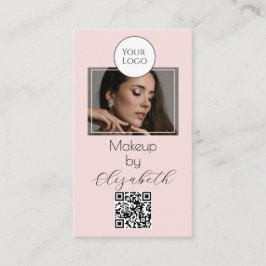 Cartão De Visita Blush Pink Script Logo QR Code Photo Makeup
