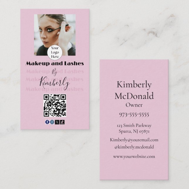 Cartão De Visita Blush Pink Script Logo QR Code Photo Makeup/Lashes (Frente/Verso)