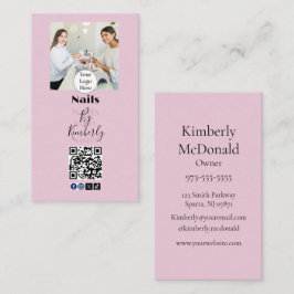 Cartão De Visita Blush Pink Script Logo QR Code Photo Nail Salon