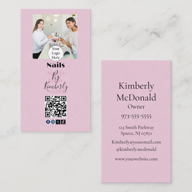 Cartão De Visita Blush Pink Script Logo QR Code Photo Nail Salon (Frente/Verso)