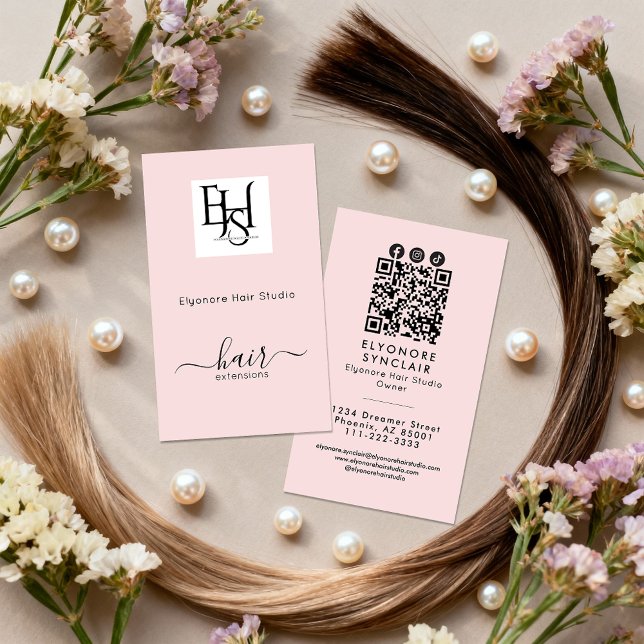 Cartão De Visita Blush Pink Script Logo QR Social Hair Extension (Criador carregado)