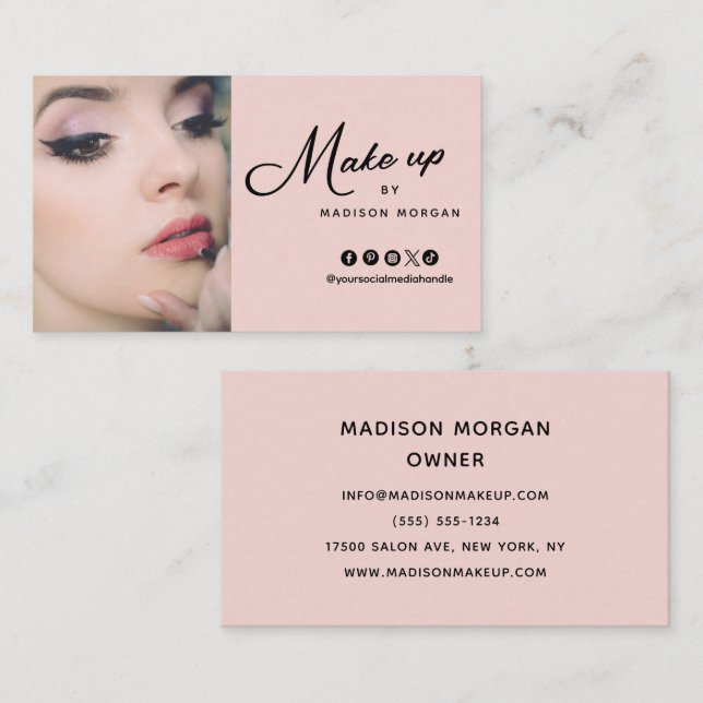 Cartão De Visita Blush Pink Script Photo Makeup Business Card (Frente/Verso)