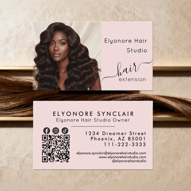 Cartão De Visita Blush Pink Script Photo QR Social Hair Extension (Criador carregado)