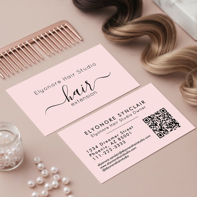 Cartão De Visita Blush Pink Script QR Code Hair Extension (Criador carregado)