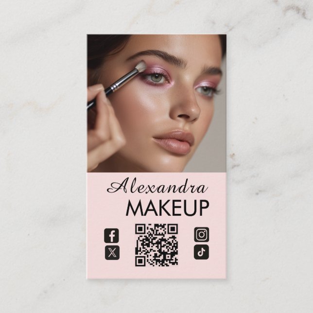 Cartão De Visita Blush Pink Script QR Code Photo Makeup (Frente)