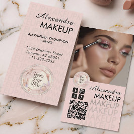 Cartão De Visita Blush Pink Script QR Code Photo Makeup