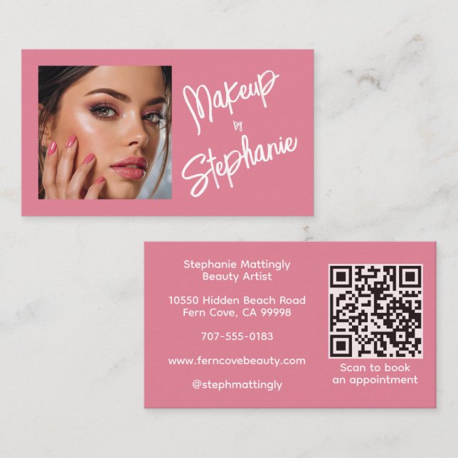 Cartão De Visita Blush Pink Script QR Code Photo Makeup (Frente/Verso)