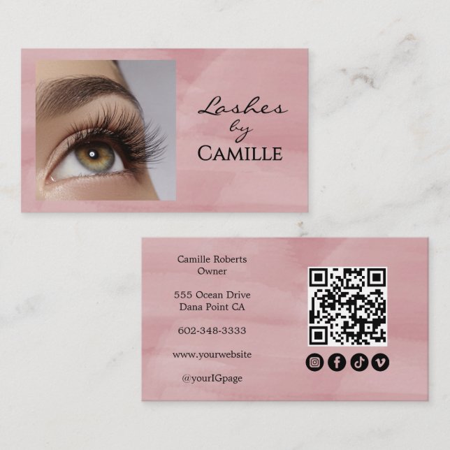 Cartão De Visita Blush Pink Script Social Icon QR Code Photo Lash (Frente/Verso)