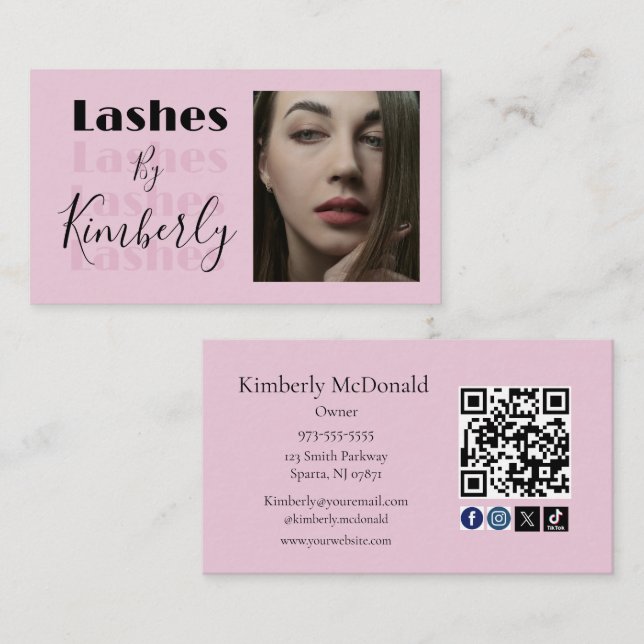 Cartão De Visita Blush Pink Script Social Icon QR Code Photo Lashes (Frente/Verso)