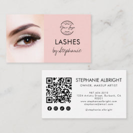 Cartão De Visita Blush Pink Script Social Icon QR Code Photo Lashes