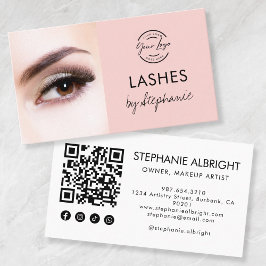 Cartão De Visita Blush Pink Script Social Icon QR Code Photo Lashes