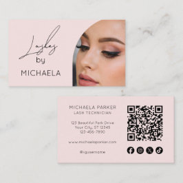 Cartão De Visita Blush Pink Script Social Icon QR Code Photo Lashes