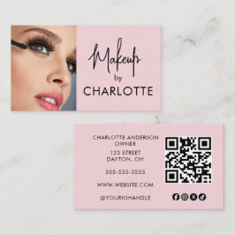 Cartão De Visita Blush Pink Script Social Icon QR Code Photo Makeup