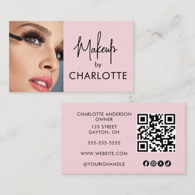 Cartão De Visita Blush Pink Script Social Icon QR Code Photo Makeup (Frente/Verso)