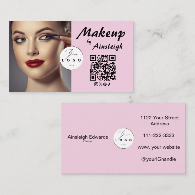 Cartão De Visita Blush Pink Script Social Icon QR Code Photo Makeup (Frente/Verso)