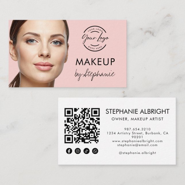 Cartão De Visita Blush Pink Script Social Icon QR Code Photo Makeup (Frente/Verso)