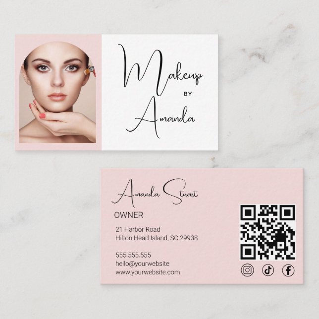 Cartão De Visita Blush Pink Script Social Icon QR Code Photo Makeup (Frente/Verso)