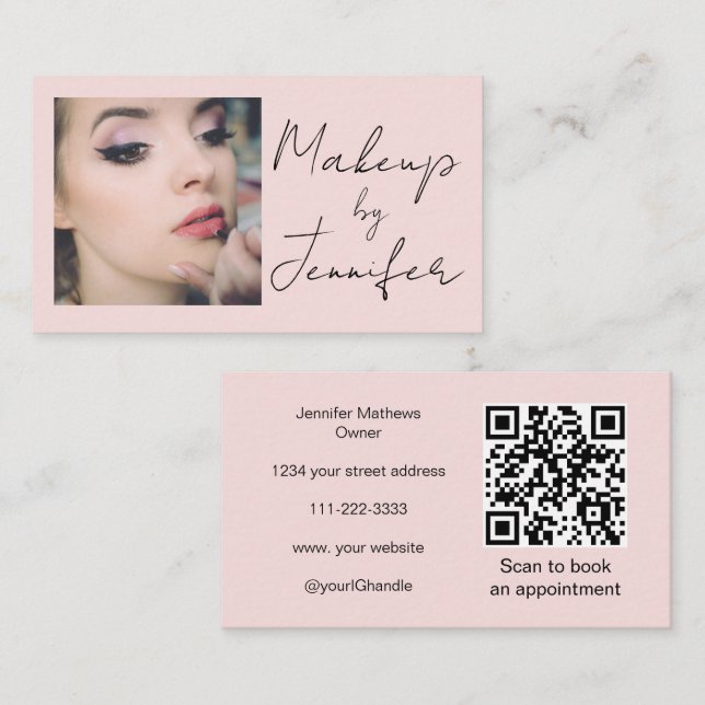 Cartão De Visita Blush Pink Script Social Icon QR Code Photo Makeup (Frente/Verso)