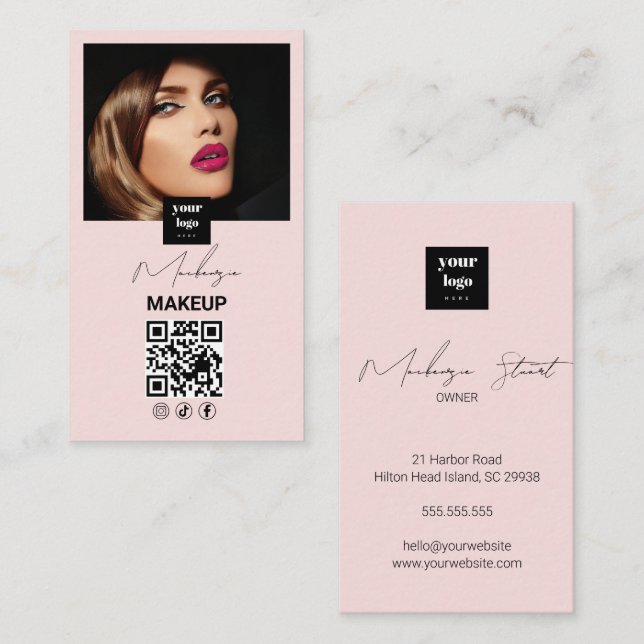 Cartão De Visita Blush Pink Script Social Icon QR Code Photo Makeup (Frente/Verso)