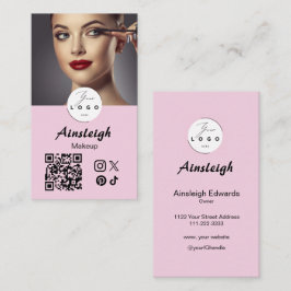 Cartão De Visita Blush Pink Script Social Icon QR Code Photo Makeup