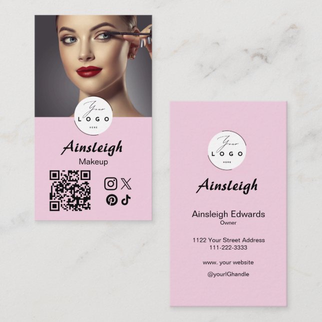 Cartão De Visita Blush Pink Script Social Icon QR Code Photo Makeup (Frente/Verso)