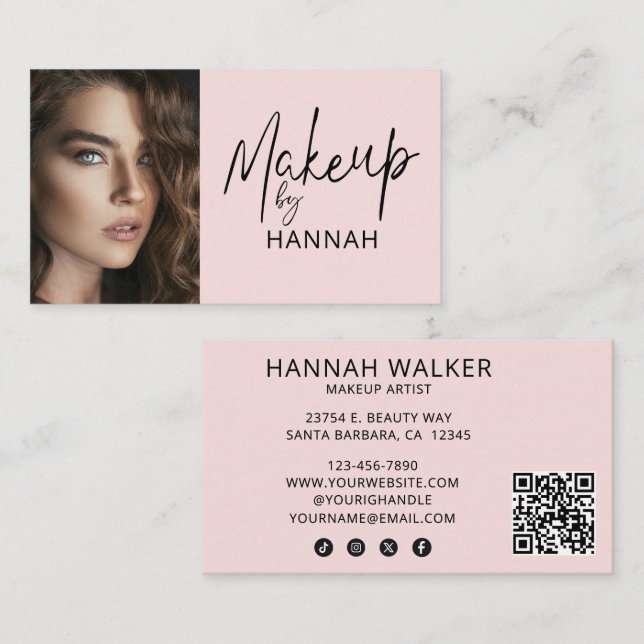Cartão De Visita Blush Pink Script Social Icon QR Code Photo Makeup (Frente/Verso)