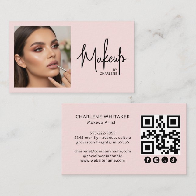 Cartão De Visita Blush Pink Script Social Icon QR Code Photo Makeup (Frente/Verso)