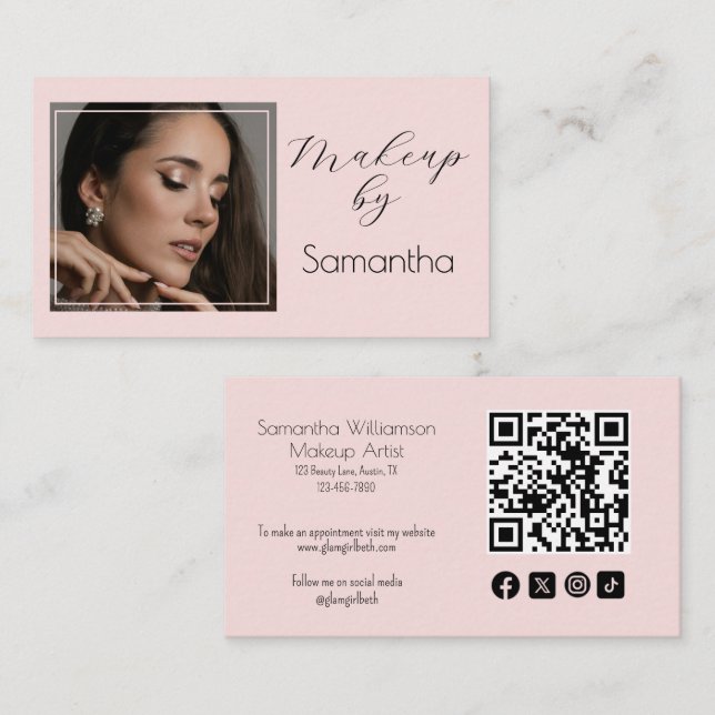 Cartão De Visita Blush Pink Script Social Icon QR Code Photo Makeup (Frente/Verso)