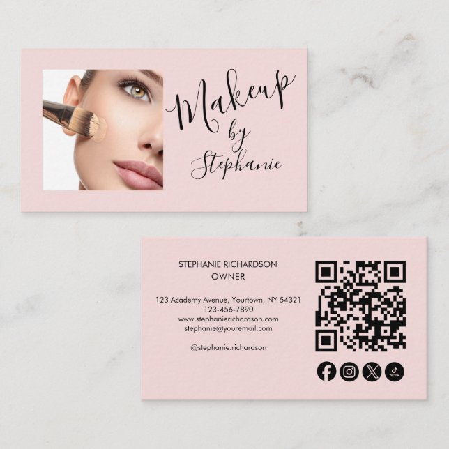 Cartão De Visita Blush Pink Script Social Icon QR Code Photo Makeup (Frente/Verso)