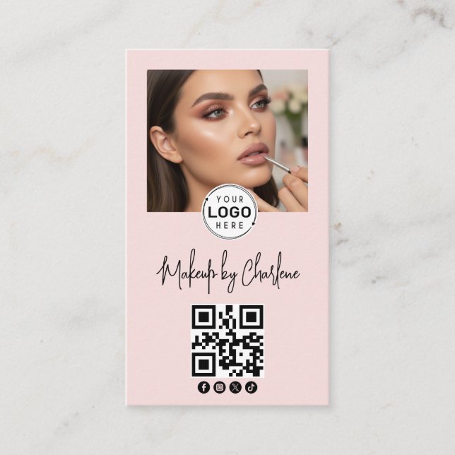 Cartão De Visita Blush Pink Script Social Icon QR Code Photo Makeup (Frente)
