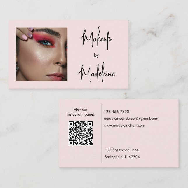 Cartão De Visita Blush Pink Script Social Icon QR Code Photo Makeup (Frente/Verso)