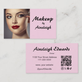 Cartão De Visita Blush Pink Script Social Icon QR Code Photo Makeup
