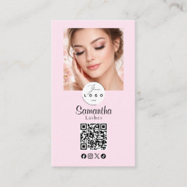Cartão De Visita Blush Pink Script Social Icon QR Code Photo Makeup