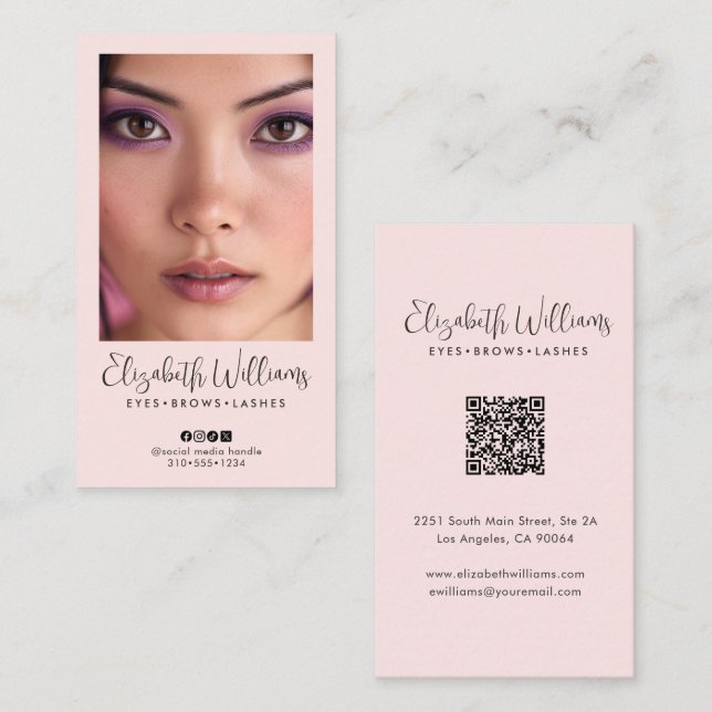 Cartão De Visita Blush Pink Script Social Icon QR Code Photo Makeup (Frente/Verso)