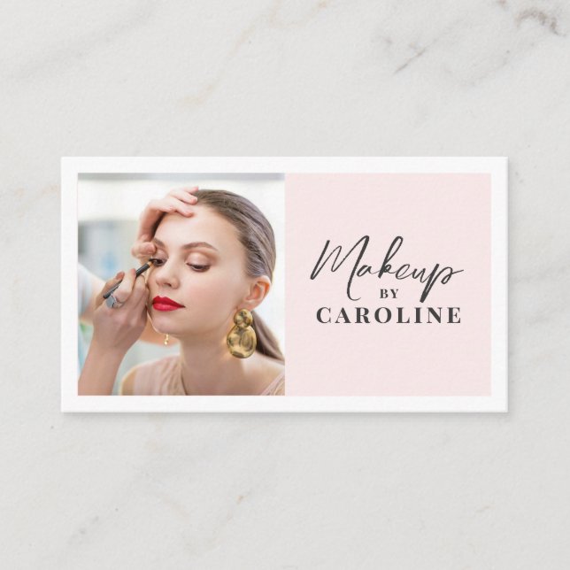 Cartão De Visita Blush Pink Script Social Icon QR Code Photo Makeup (Frente)
