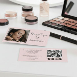 Cartão De Visita Blush Pink Script Social Icon QR Code Photo Makeup