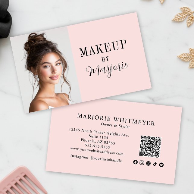 Cartão De Visita Blush Pink Script Social Icon QR Code Photo Makeup (modern black blush pink script photo makeup business card with modern typography qr code and social )
