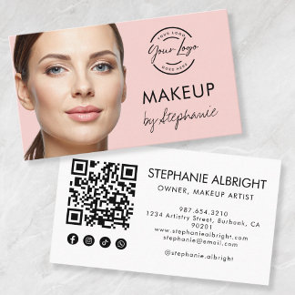 Cartão De Visita Blush Pink Script Social Icon QR Code Photo Makeup