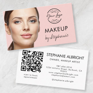 Cartão De Visita Blush Pink Script Social Icon QR Code Photo Makeup