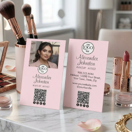 Cartão De Visita Blush Pink Script Social Icon QR Code Photo Makeup