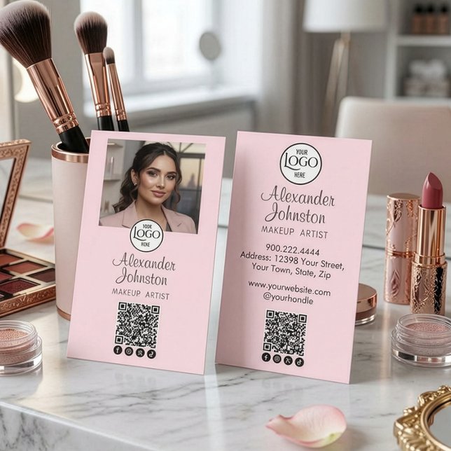Cartão De Visita Blush Pink Script Social Icon QR Code Photo Makeup (Blush Pink Black Script Social Icon QR Code Photo Makeup Business Card)