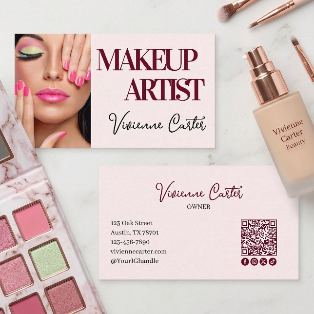 Cartão De Visita Blush Pink Script Social Icon QR Code Photo Makeup (Makeup Artist Blush Pink Business Card with Photo)