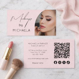Cartão De Visita Blush Pink Script Social Icon QR Code Photo Makeup