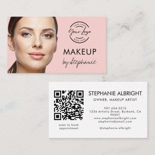 Cartão De Visita Blush Pink Script Social Icon QR Code Photo Makeup (Frente/Verso)
